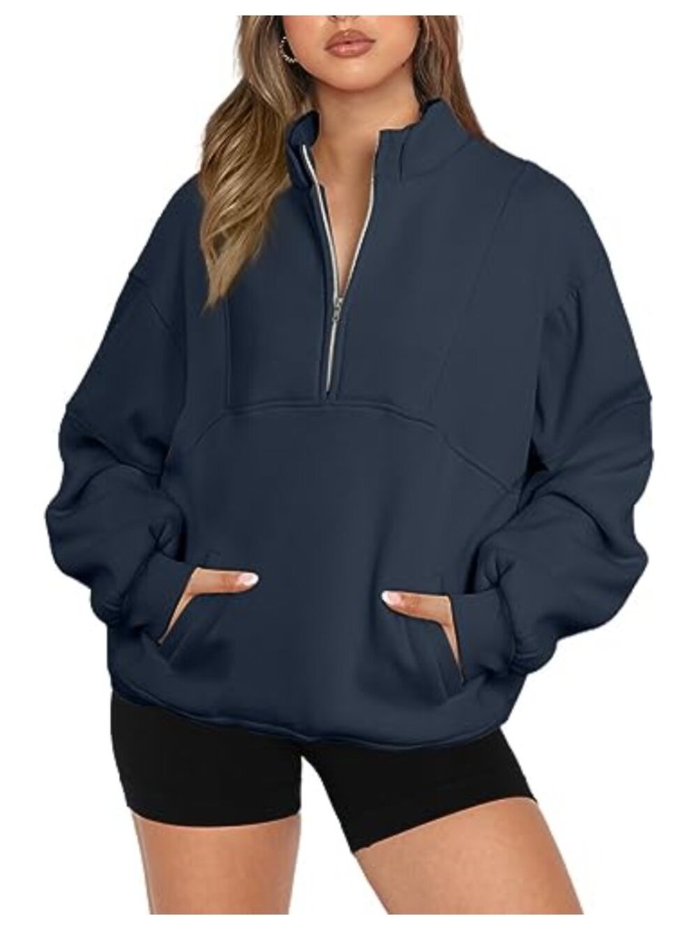 Half Zip Oversized Cropped Fleece Sweatshirt with Pockets